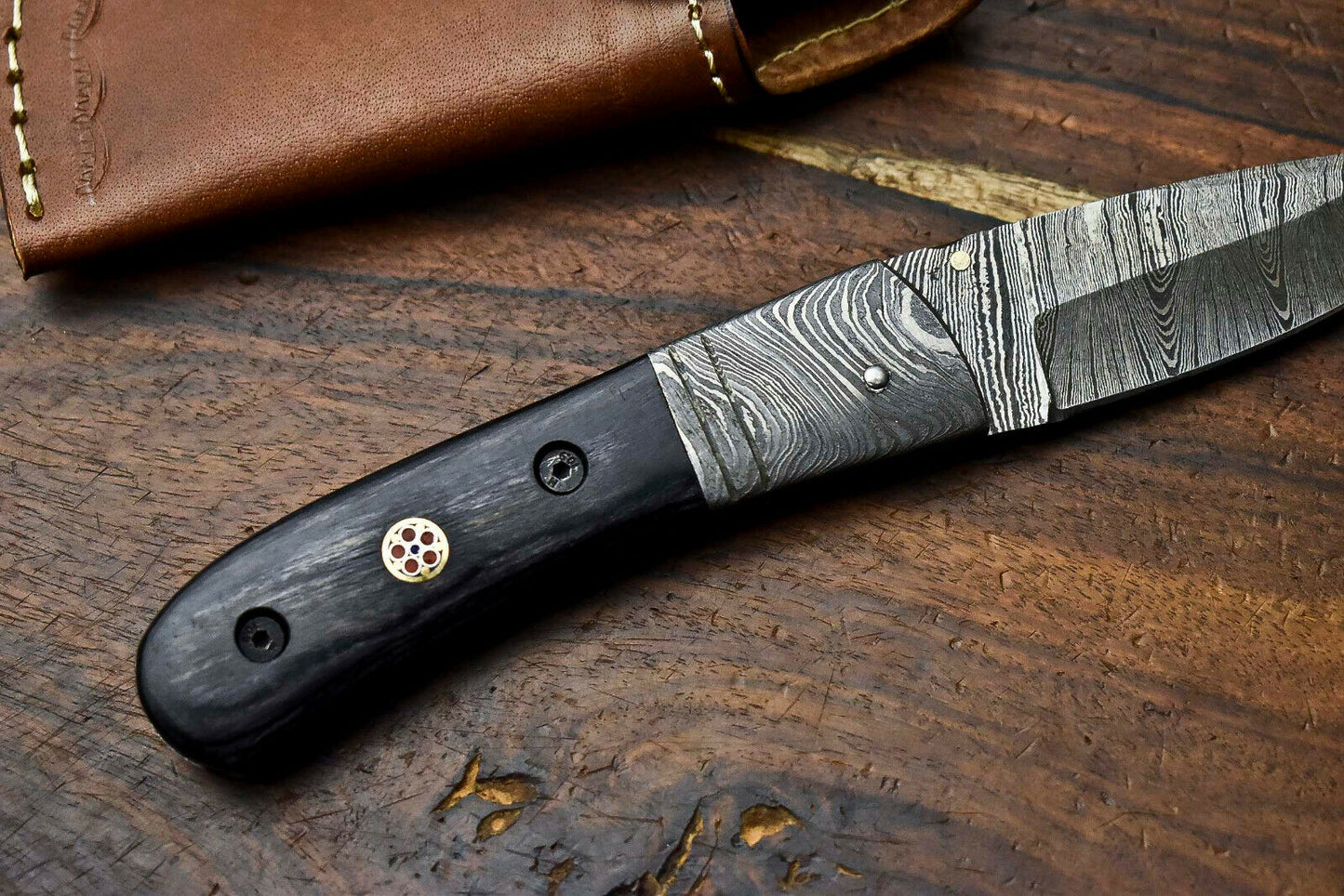 Custom Handmade Damascus Steel Blade Liner-Lock Pocket Folding Knife| BULL Horn