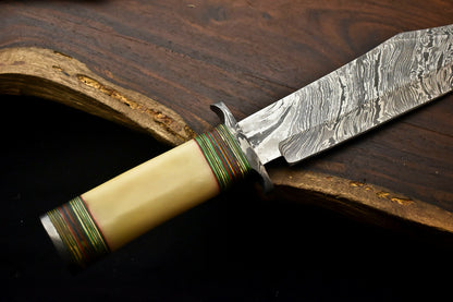HS-335 | Custom Handmade Damascus Steel Hunting Bowie Knife - Camel Bone Handle