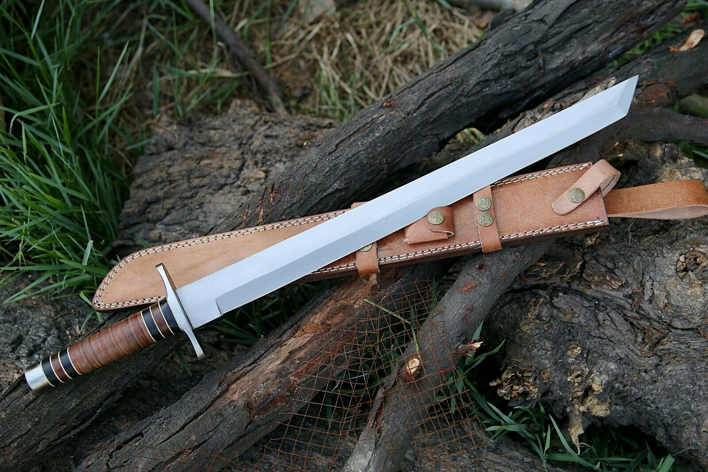 HS-1092 | Steel Blade Tanto Sword, Handmade Heavy Duty Sword, Stacked Leather Handle
