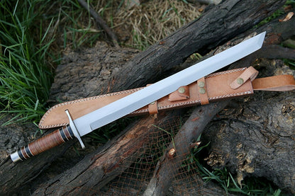 HS-1092 | Steel Blade Tanto Sword, Handmade Heavy Duty Sword, Stacked Leather Handle