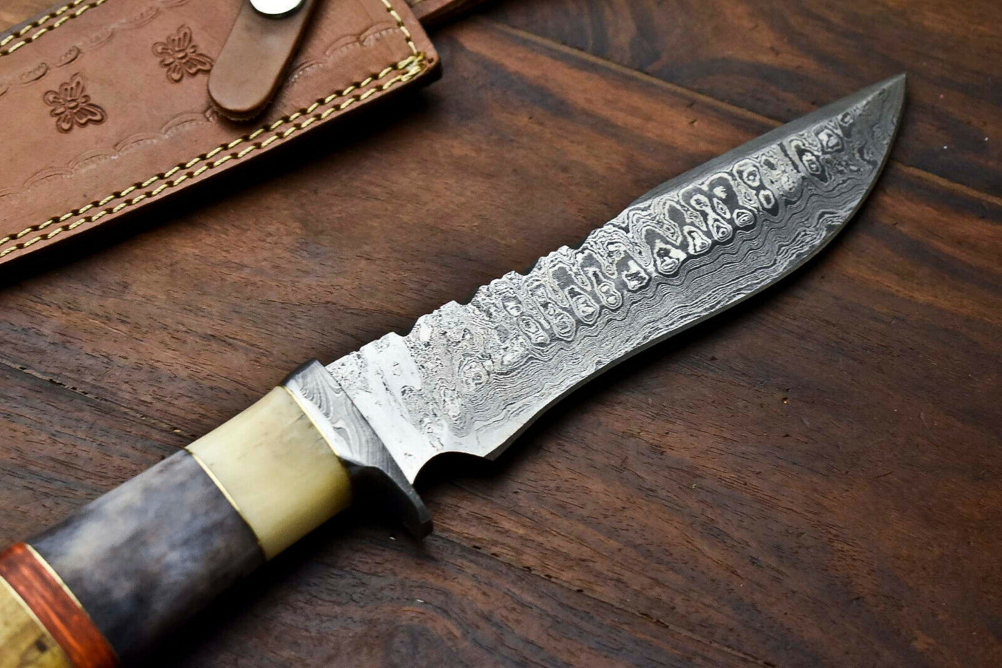 HS-325 | Custom Handmade Damascus Steel Bowie/Hunting Knife - Colour Camel Bone Handle