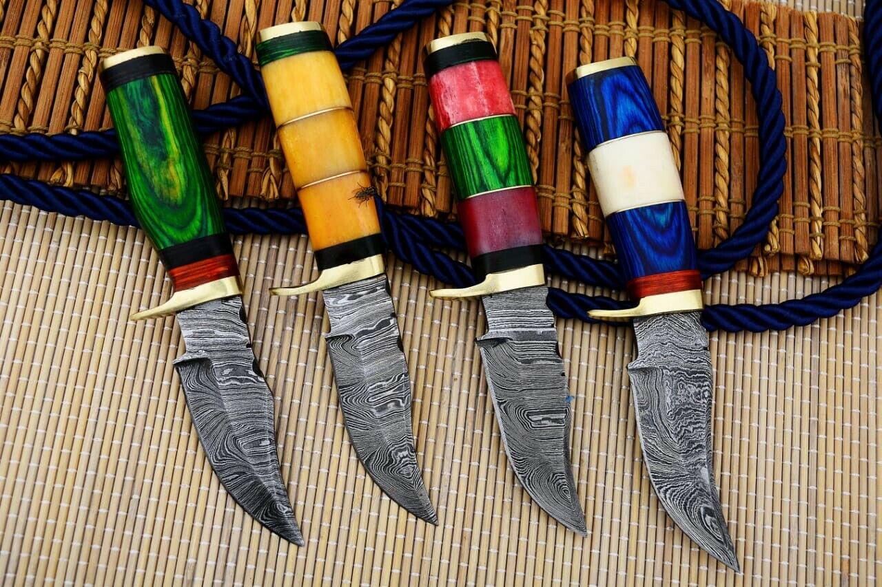 HS-804 Cutlery | Six Inch Custom Handmade Damascus Skinner Knife Lot of Four Pecs With Different Handles