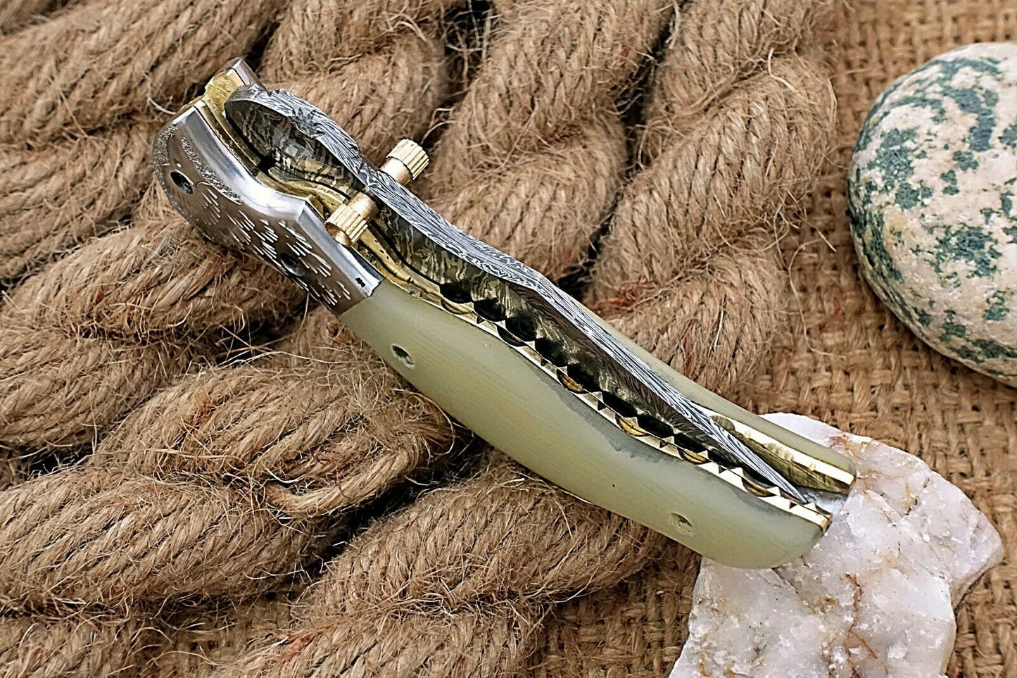 Custom Handmade Damascus Folding-Pocket Knife With Blue White Micarta+Engraved Handle