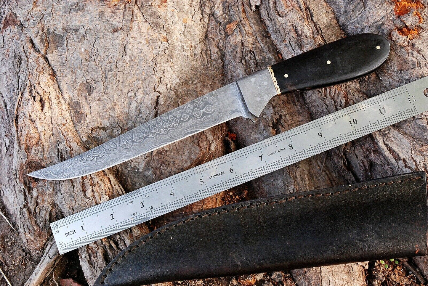 HS-429 | Custom Handmade Damascus Steel Hunting Fish Knife - Buffalo Horn Handle