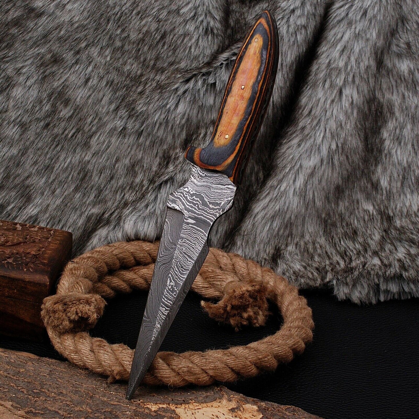 HS-507 Ten Inch Custom Handmade Damascus Hunting Dagger Boot Knife With Hard Wood Handle
