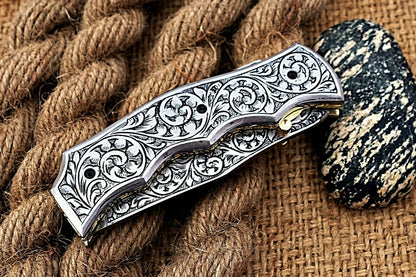Custom Hand Engraved Folding-Pocket Knife Life Time Used With Engraved Handle