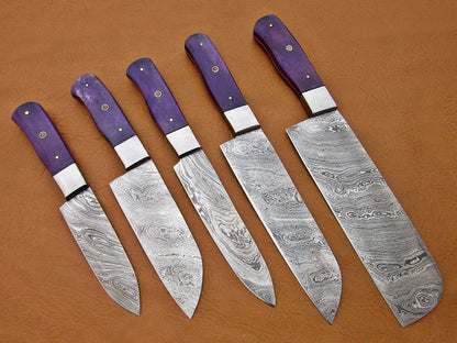 HS-194 Custom Handmade Damascus Kitchen Knives With Colour Bone Handle Handle