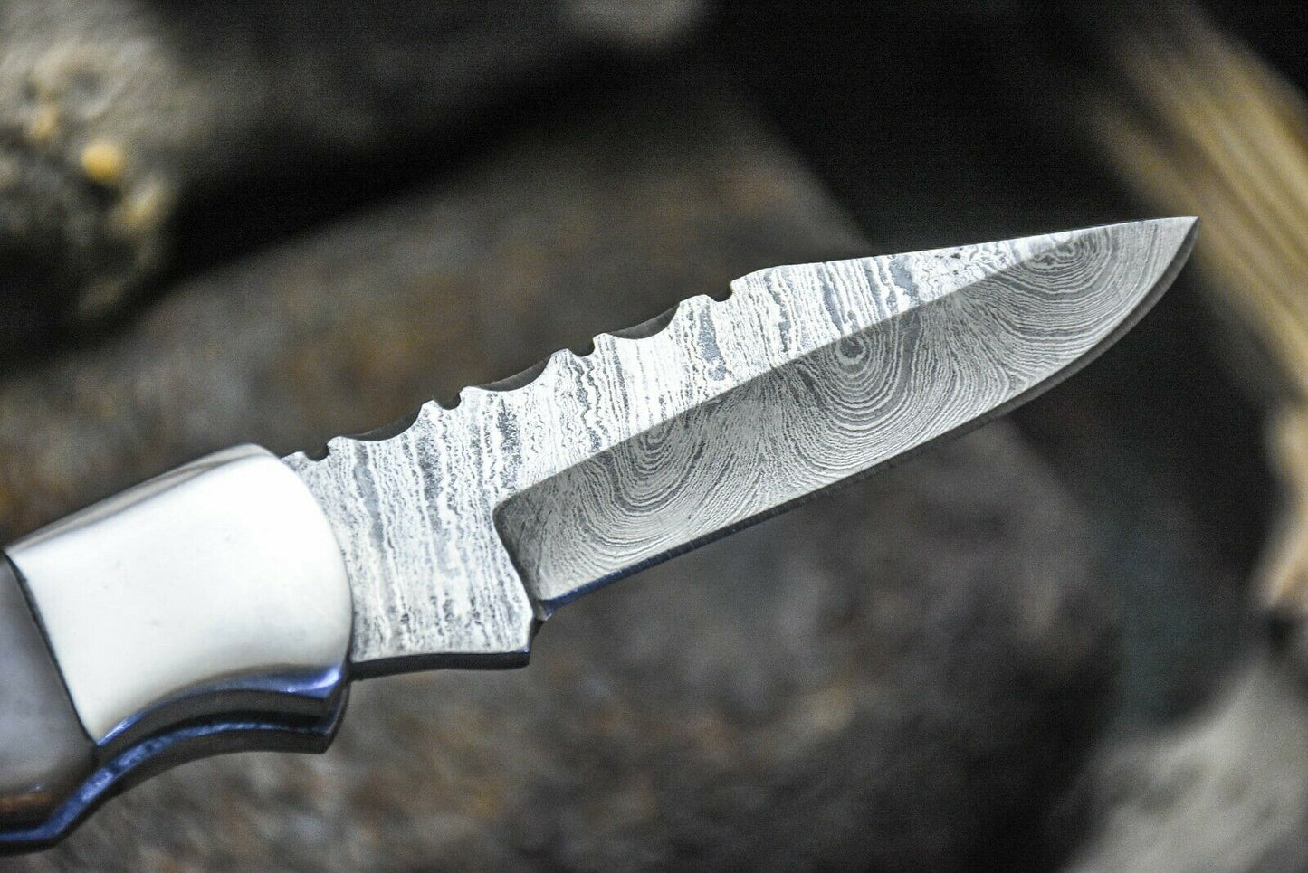 HS-1116 "  CUSTOM HANDMADE DAMASCUS STEEL BLADE FOLDING KNIFE RAM HORN