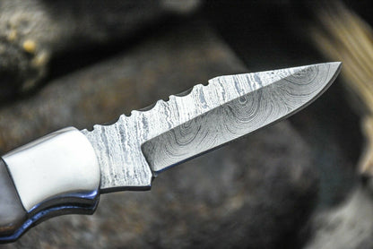 HS-1116 "  CUSTOM HANDMADE DAMASCUS STEEL BLADE FOLDING KNIFE RAM HORN