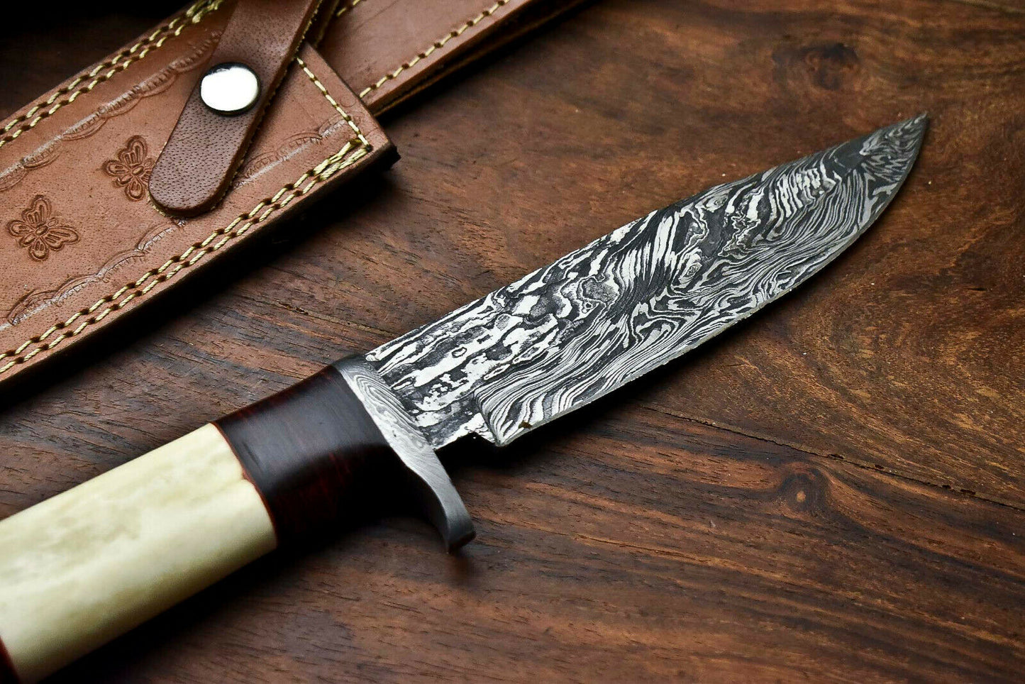 HS-319 Custom Hand Made Damascus Steel Blade Bowie Hunting Knife | CAMEL BONE