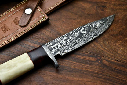 HS-319 Custom Hand Made Damascus Steel Blade Bowie Hunting Knife | CAMEL BONE