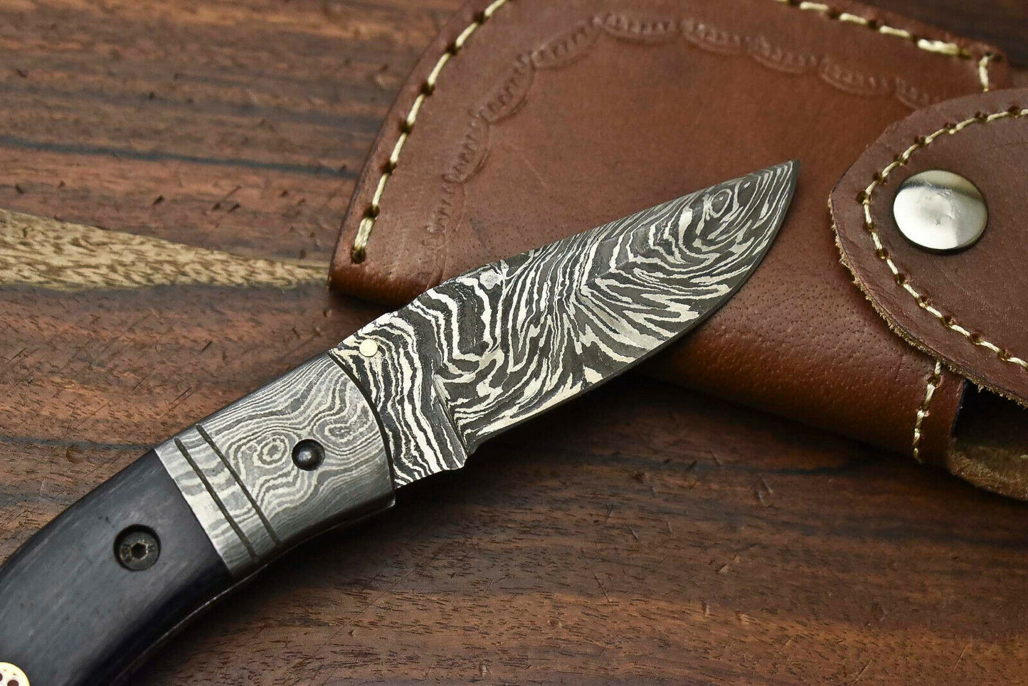HS-1134 Custom Handmade Damascus Steel Blade Liner-Lock Pocket Folding Knife| HARD WOOD