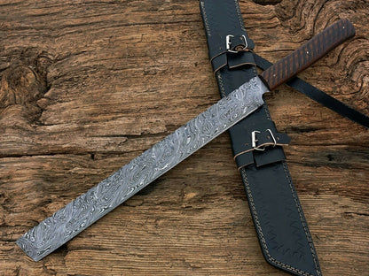 HS-1087 | Hand Forged Damascus Steel Full Tang Sword,Rose wood Handle,Leather Cover