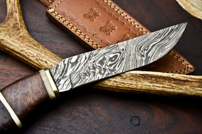 HS-328 | Custom Handmade Damascus Steel Hunitng/Bowie Knife - Wood + Brass Handle