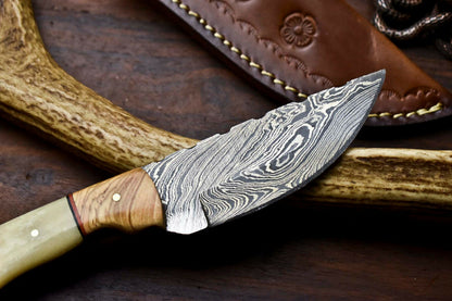 HS-720  Custom Handmade Camel Bone & Wood Handle Damascus Steel Skinner Knife - Great Price