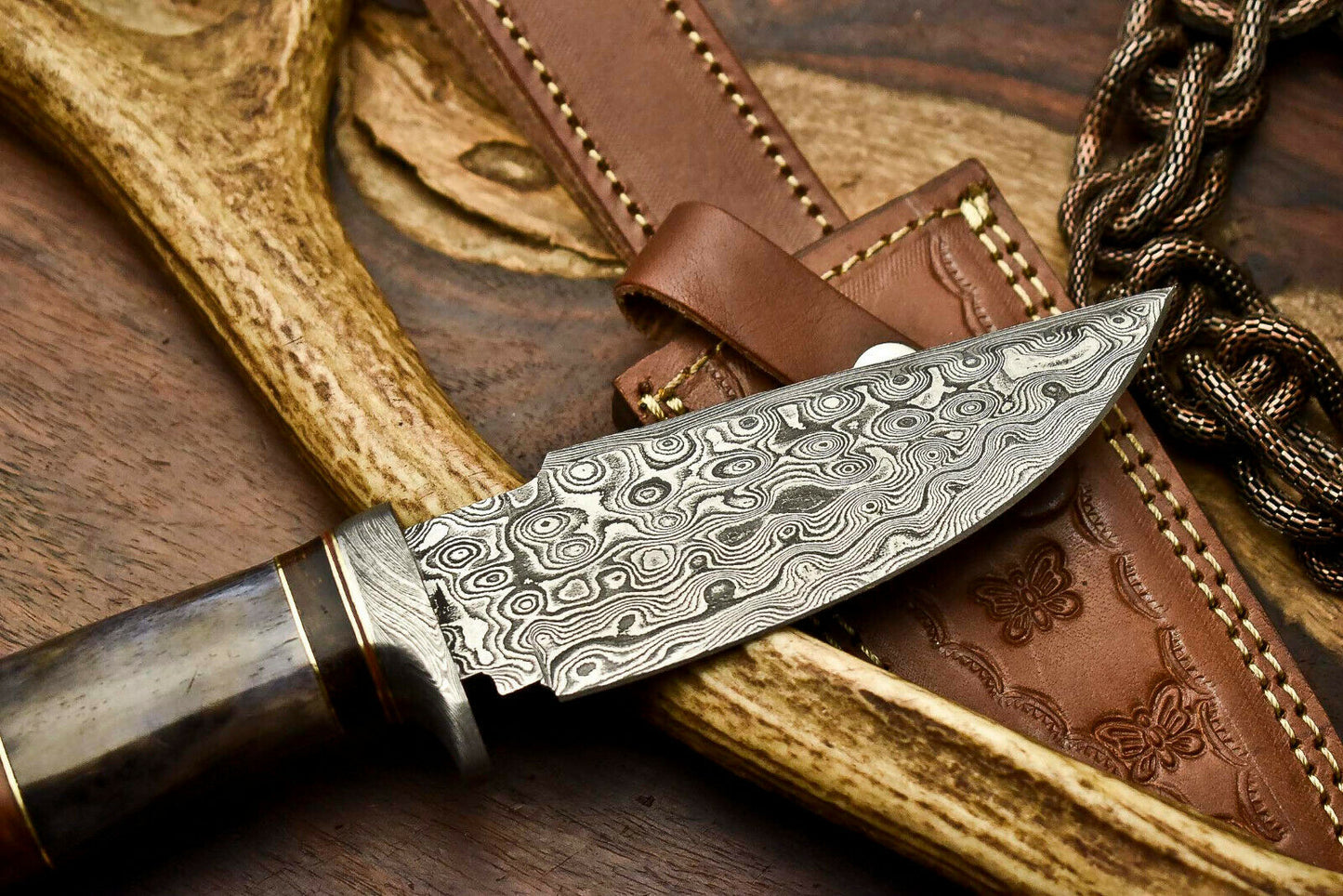 HS-404 | Custom Handmade Awesome Camel Bone/Walunt Wood Handle Damascus Steel Hunting Knife - Great Price