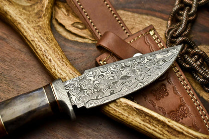 HS-404 | Custom Handmade Awesome Camel Bone/Walunt Wood Handle Damascus Steel Hunting Knife - Great Price