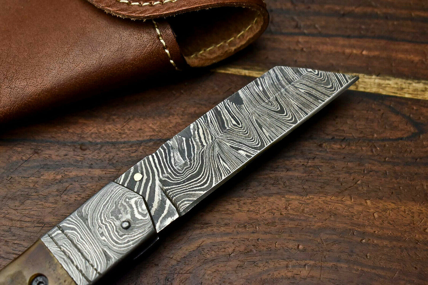 HS-1137 Custom Handmade Damascus Steel Blade Liner-Lock Pocket Folding Knife| RAM'S HORN