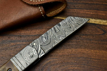 HS-1137 Custom Handmade Damascus Steel Blade Liner-Lock Pocket Folding Knife| RAM'S HORN