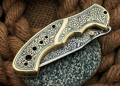 Custom Hand Engraved Folding-Pocket Knife Life Time Used With Brass Engraved Handle