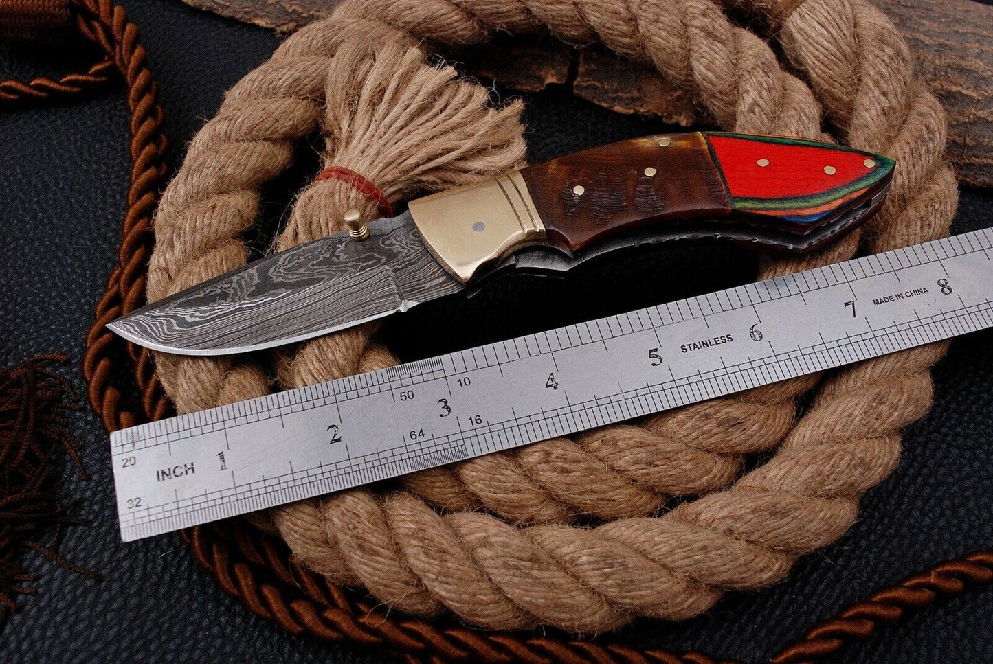 Custom Handmade Damascus Folding-Pocket Knife With Coloured Hard Wood Handle