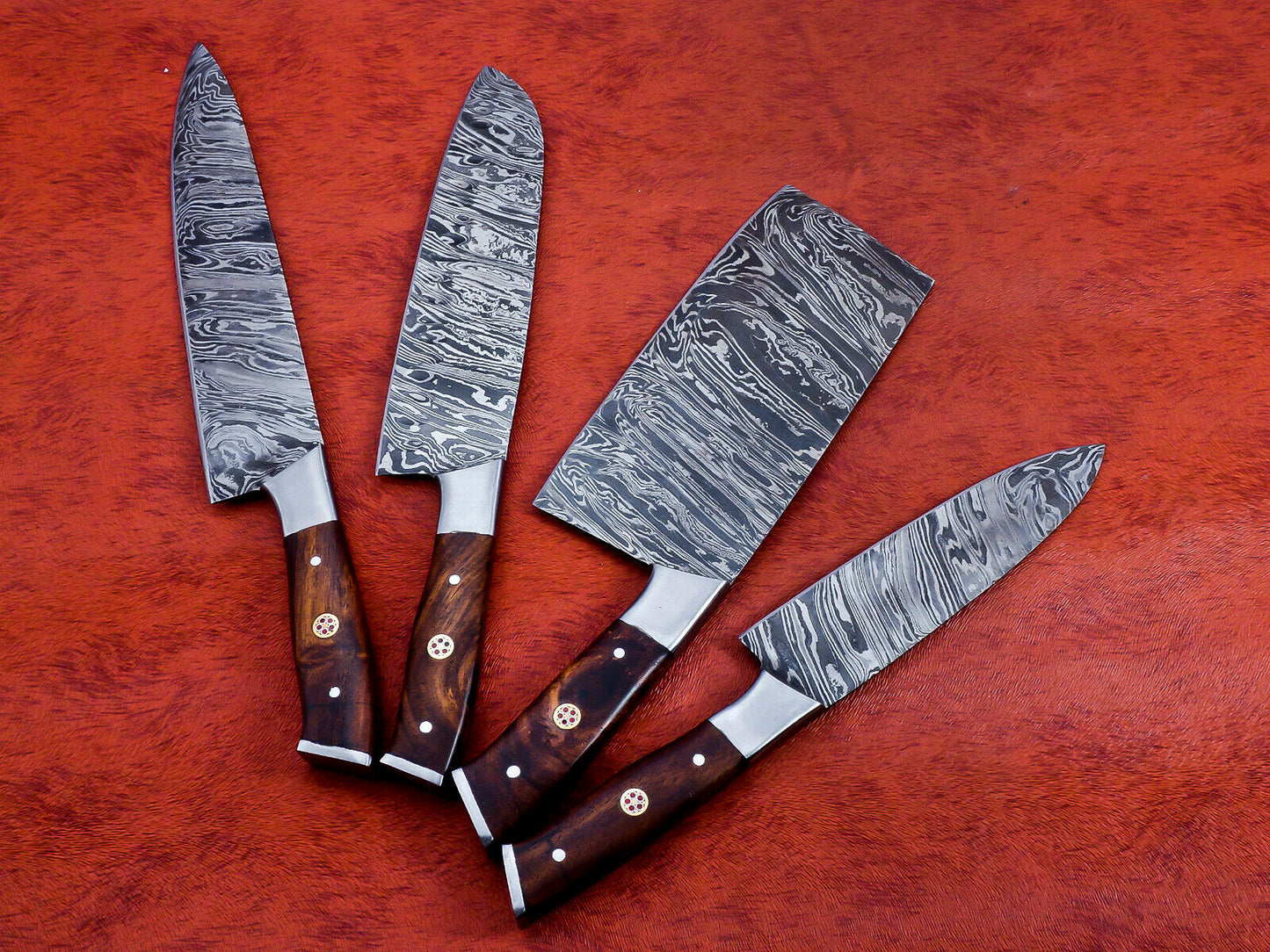 HS-141 Custom Handmade Damascus Steel Full Tang 4 Piece Chef Set with Wood Handle