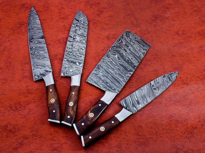 HS-141 Custom Handmade Damascus Steel Full Tang 4 Piece Chef Set with Wood Handle
