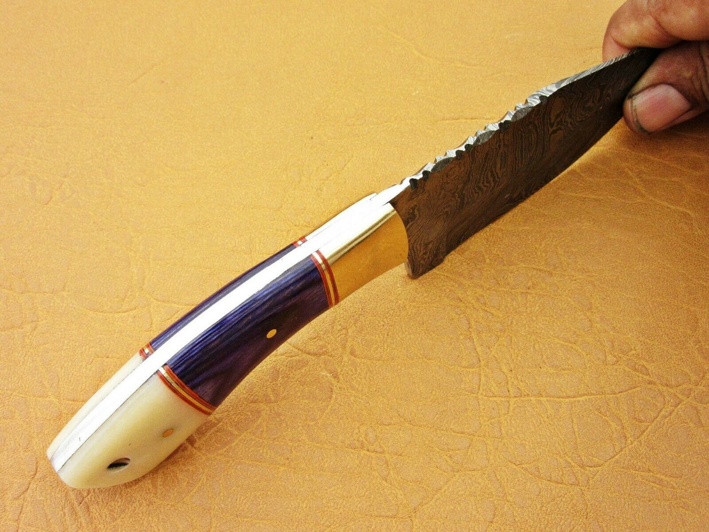HS 769 Custom Handmade Damascus Skinner Knife With Hard Wood And Camel Bone