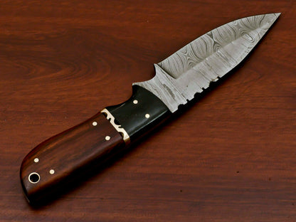 HS-570 HANDMADE DAMASCUS CUSTOM ROSE WOOD/HORN HANDLE SKINNING CAMPING KNIFE
