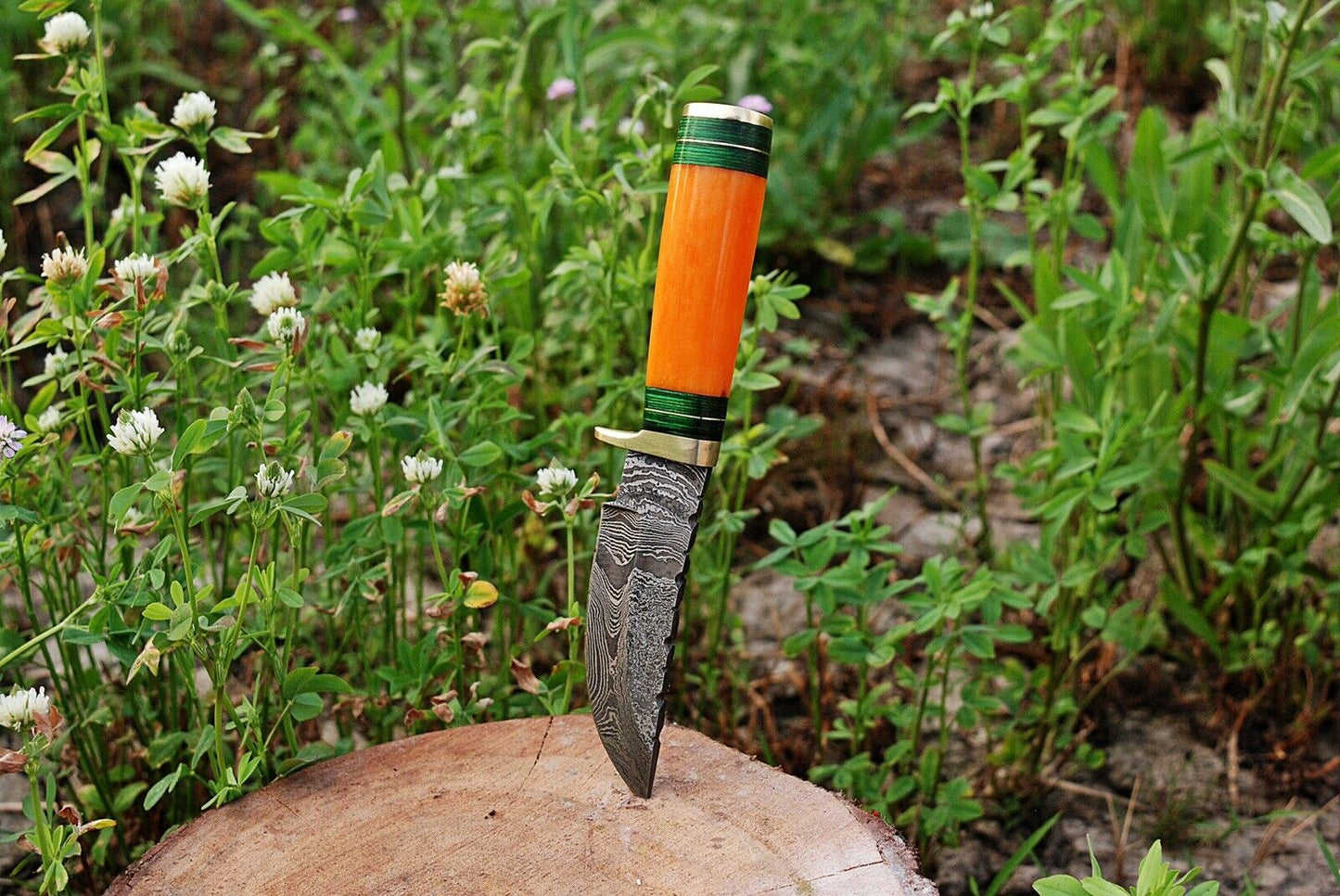 HS-496 Custom Handmade Damascus Hunting Knife With Beautiful Orange Camel Bone Handle