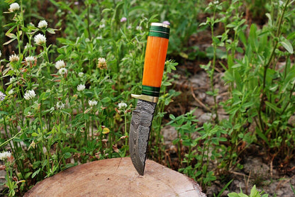 HS-496 Custom Handmade Damascus Hunting Knife With Beautiful Orange Camel Bone Handle