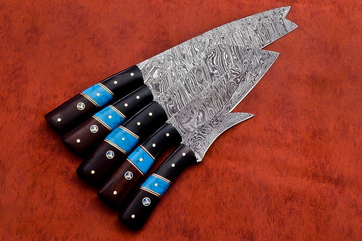 HS-142 Custom Handmade Damascus Steel 5 Pc's Chef Set with Turquoise,Resin,Wood Handle