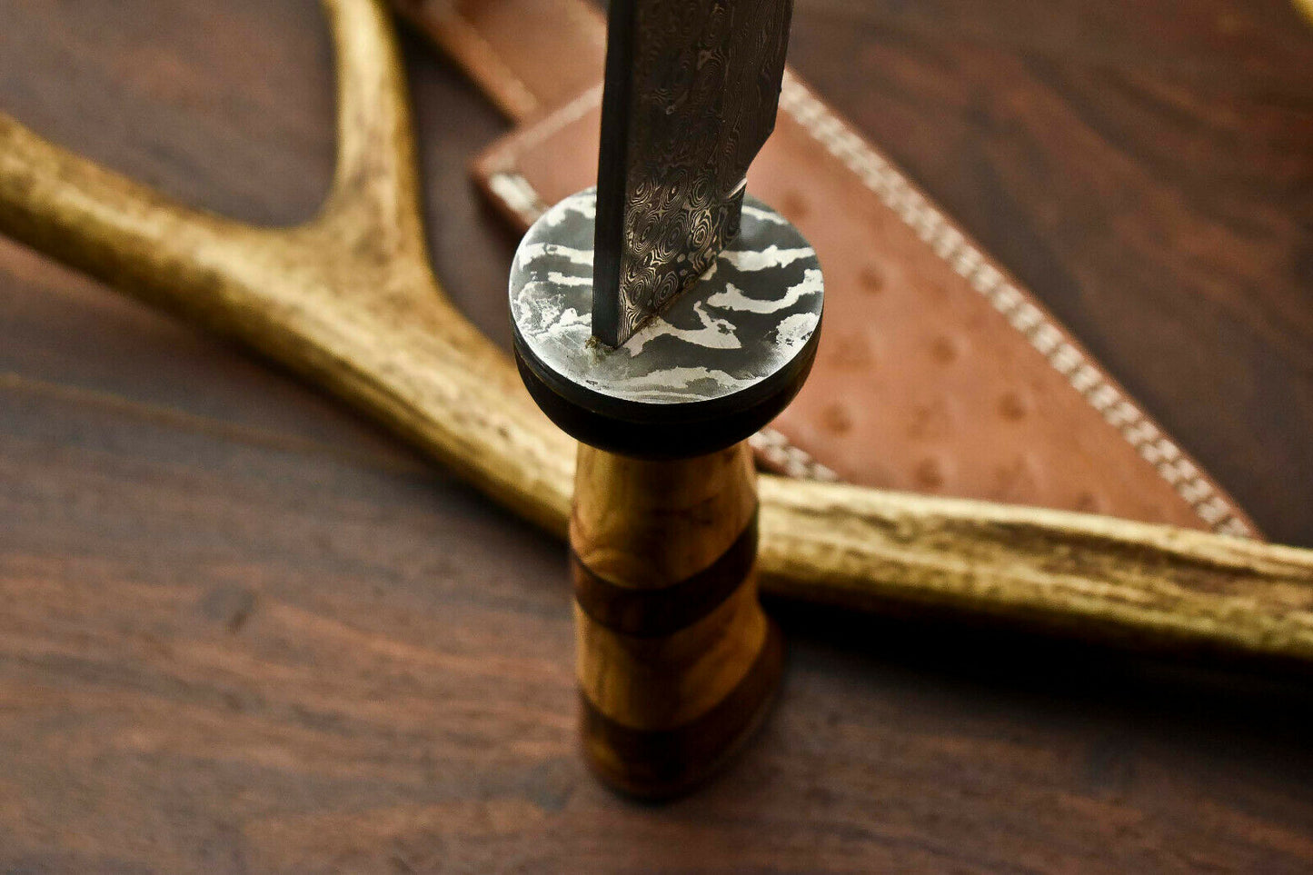 HS-401 | Custom Handmade Damascus Steel Camping Hunting Knife - Beautiful Olive Wood Handle