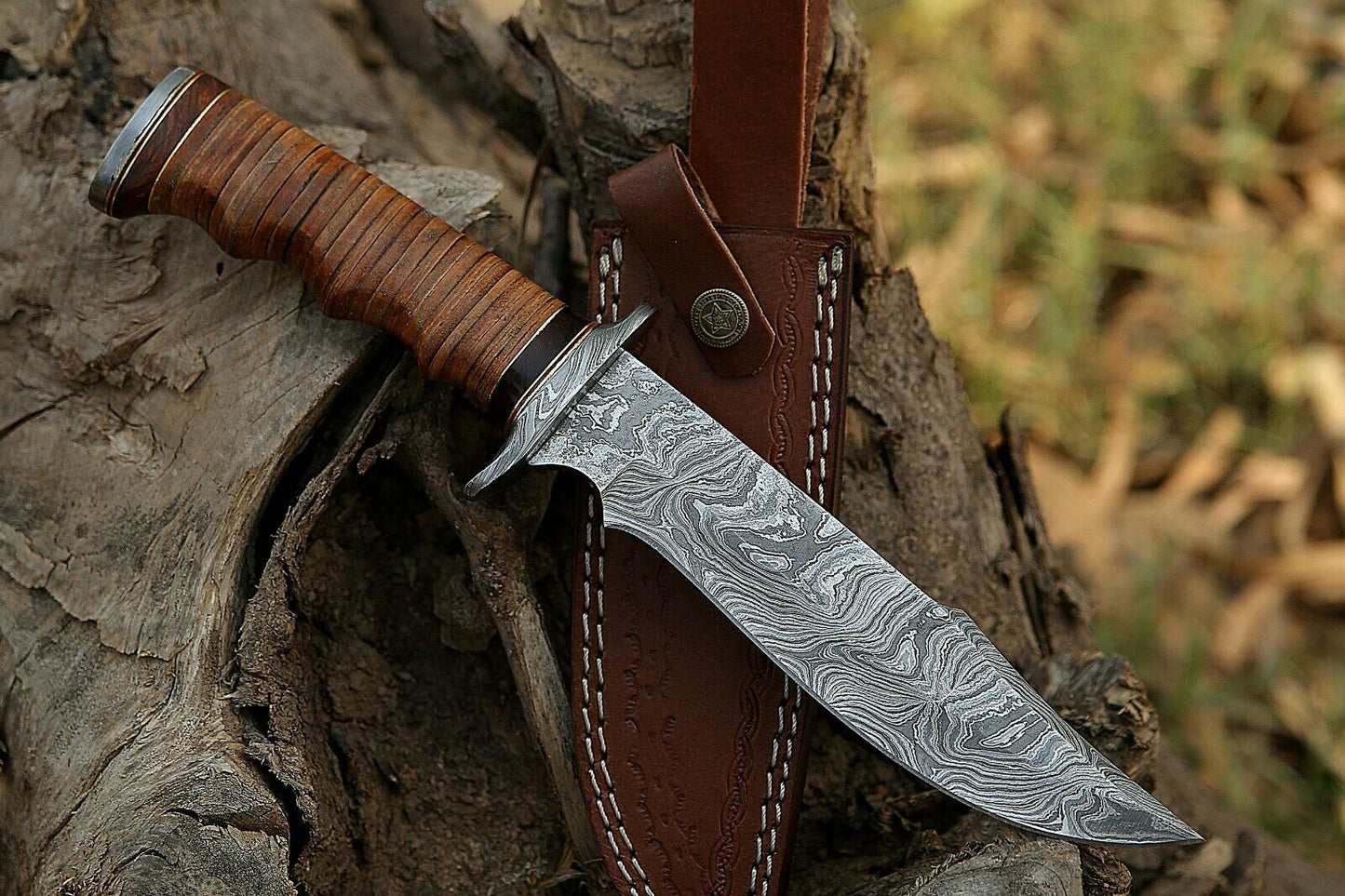 HS-366 '' 12", Damascus Steel Knife, Exotic Rosewood & Stacked Leather handle with pouch.