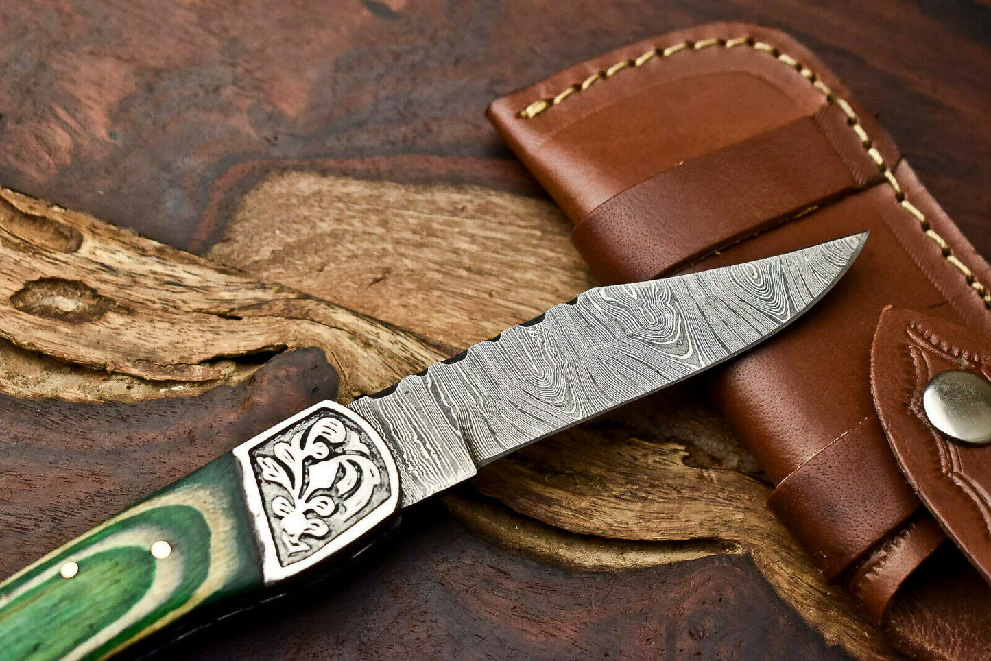 Custom Handmade Damascus Steel Pocket Folding Knife - Beautiful Hard Wood Handle