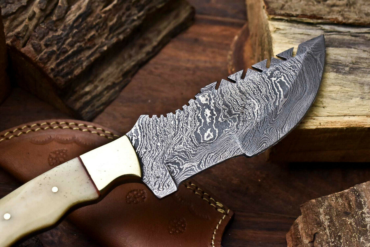 HS-924 Custom Handmade Damascus Steel Camping Tracker Knife - Beautiful Camel Bone Handle