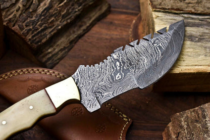 HS-924 Custom Handmade Damascus Steel Camping Tracker Knife - Beautiful Camel Bone Handle