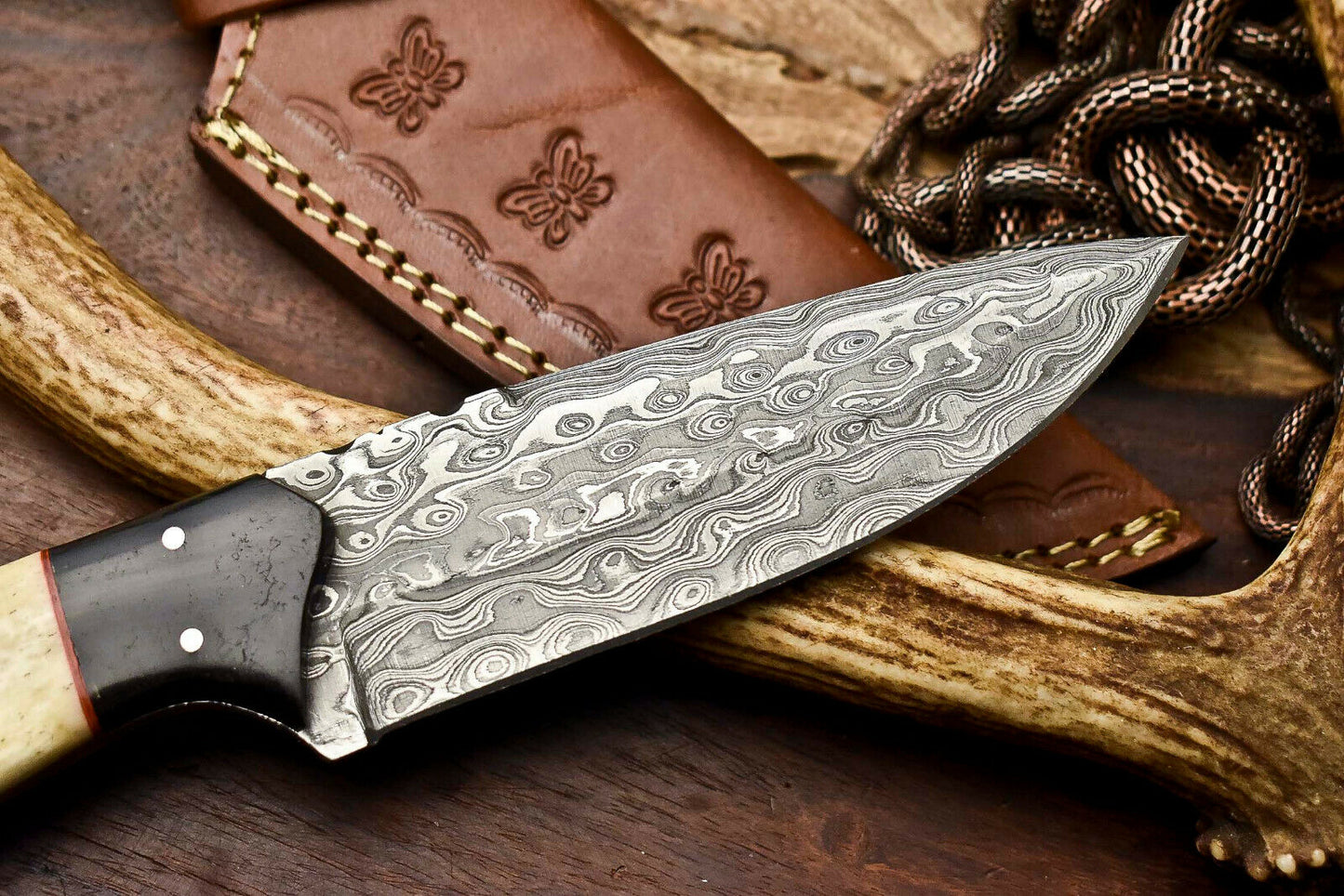 HS-405 | Custom Handmade Awesome Camel Bone/Buffalo Horn Handle Damascus Steel Hunting Knife - Great Price
