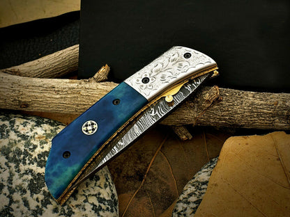 Damascus Steel Pocket Folding Knife – Liner Lock | HS-1114
