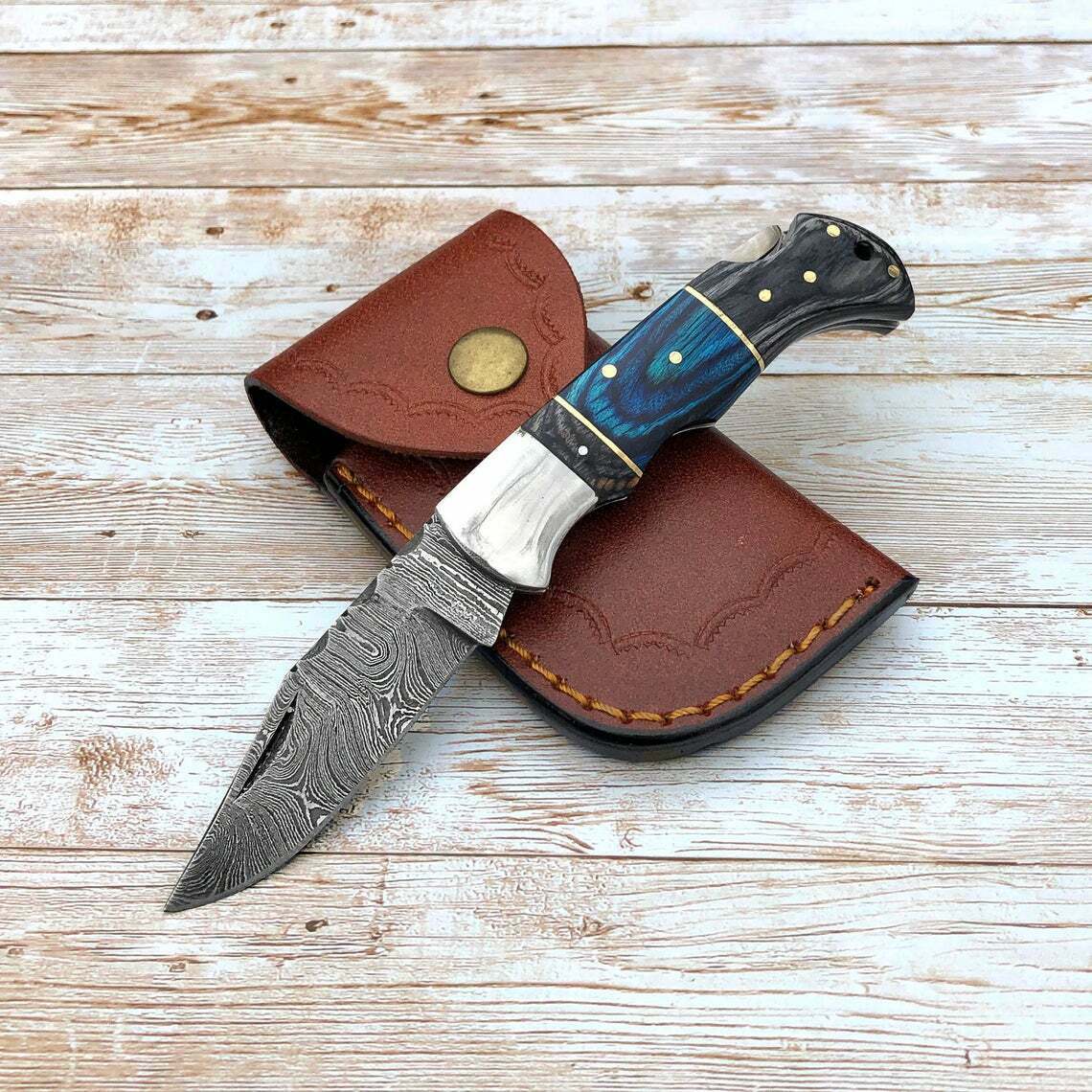 Custom Handmade Damascus Steel Back-Lock Pocket | Folding Knife | Leather Sheath- Different Handle