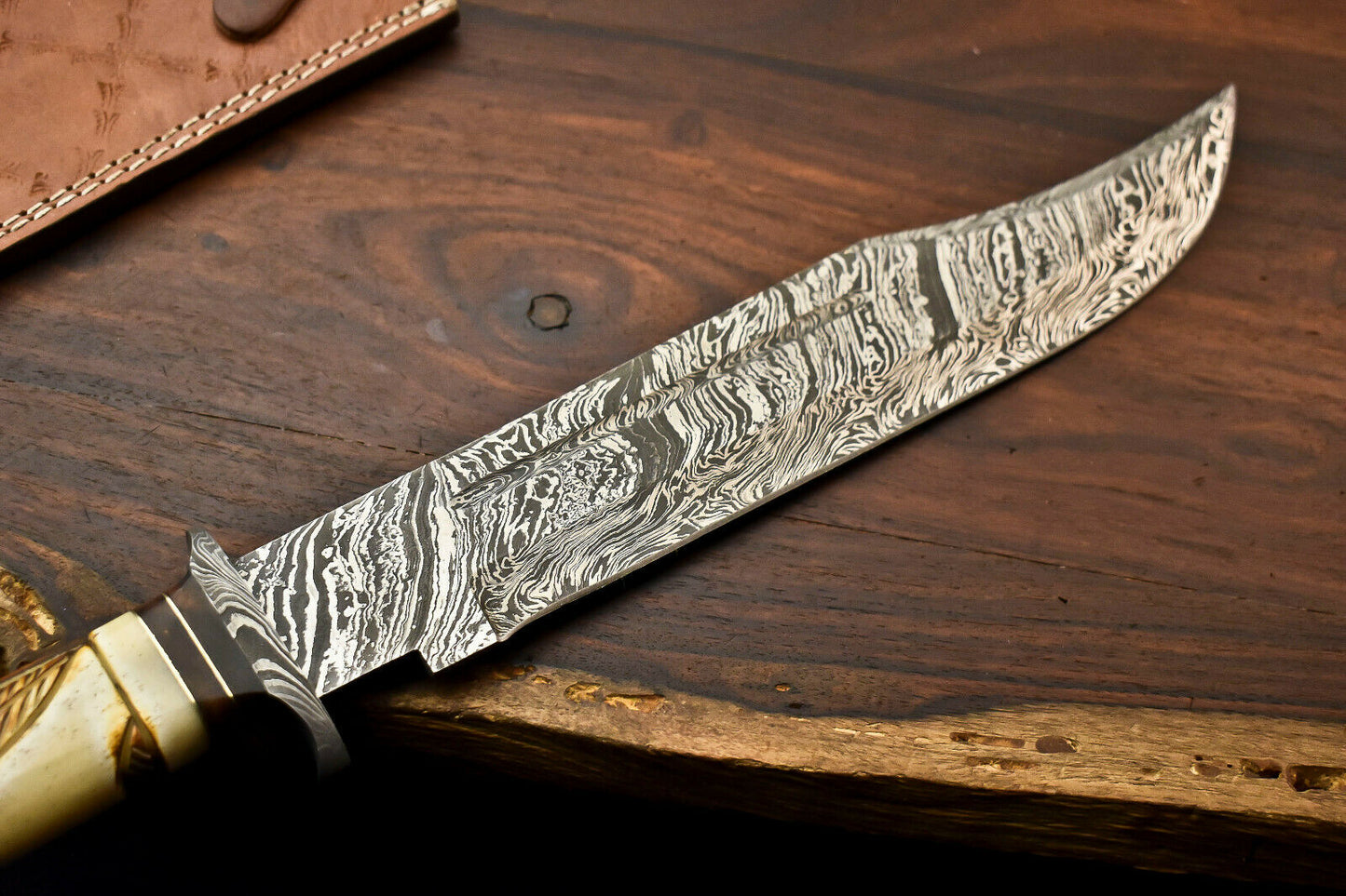 HS-334 | Custom Handmade Damascus Steel Hunitng/Bowie Knife - Engraved Camel Bone Handle