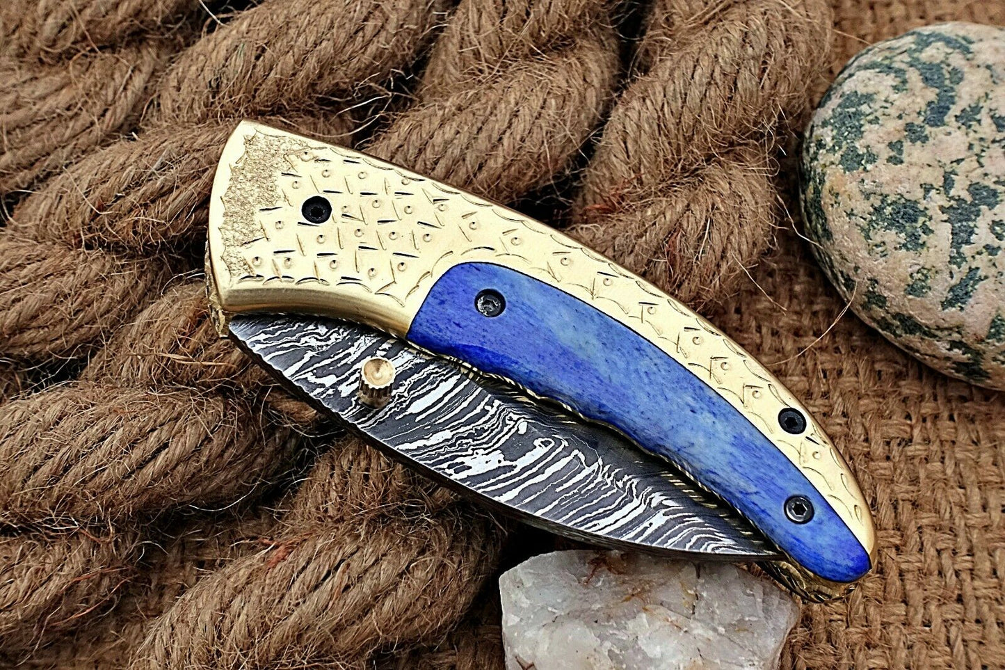 Custom Handmade Damascus Folding-Pocket Knife With Blue Colour Bone+Engraved Handle