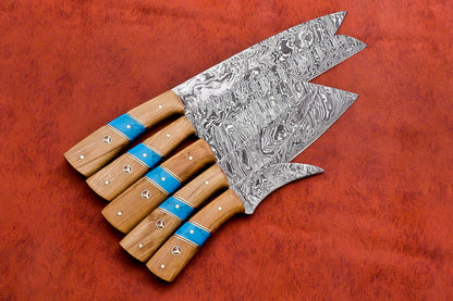 Hs-138 Custom Handmade Damascus Steel 5 Pc's Chef Set with Turquoise and Wood Handle