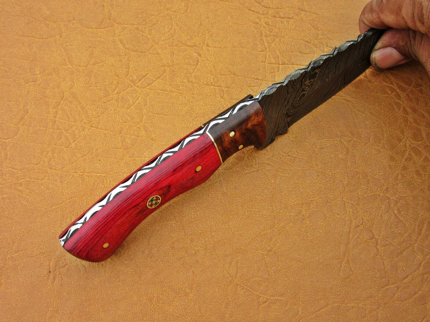HS-768 Custom Handmade Damascus Skinner Knife With Hard Wood & Rose Wood Hanlde