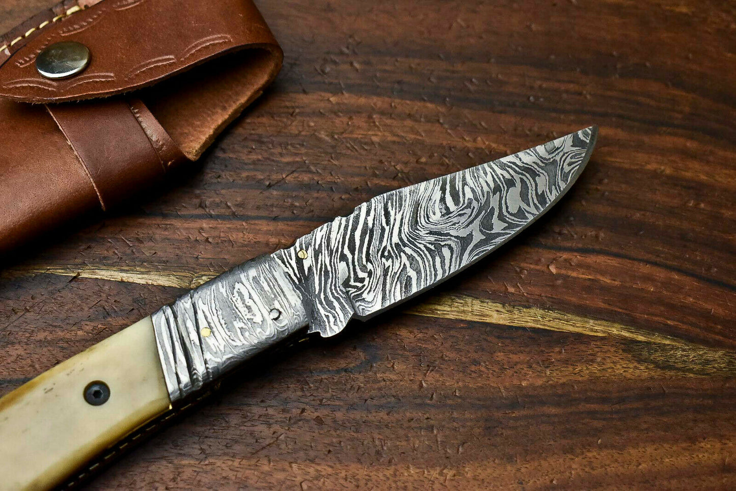 HS-1140 Custom Handmade Damascus Steel Blade Liner-Lock Pocket Folding Knife| CAMEL BONE