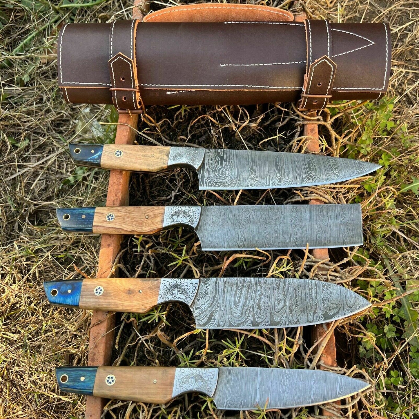 HS-127 '' Hand Forged Damascus Steel Hunting Chef Kitchen Knife Set W/ Sheath
