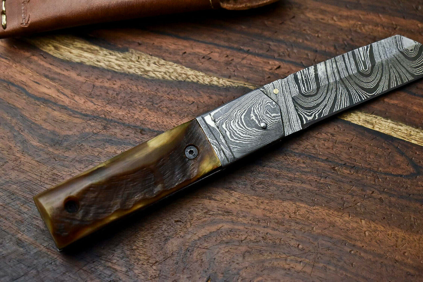 Custom Handmade Damascus Steel Blade Liner-Lock Pocket Folding Knife| Ram Horn