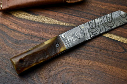 Custom Handmade Damascus Steel Blade Liner-Lock Pocket Folding Knife| Ram Horn