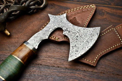 HS-1056 | Custom Hand Made Damascus Blade Hunting Hatchet Mini Viking Axe | Camel Bone & Wood