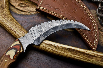 HS-906 Custom Handmade Damascus Steel Karambit Knife - Beautiful Hard Wood Handle